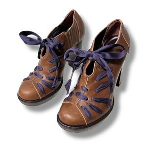 Vanessa Bruno Brown Heeled Leather Booties with Purple Satin Ribbon Detailing 38